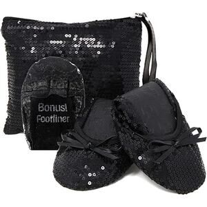New Silky Toes Womens Medium Black Sequin Foldable Ballet Flats w Purse Case